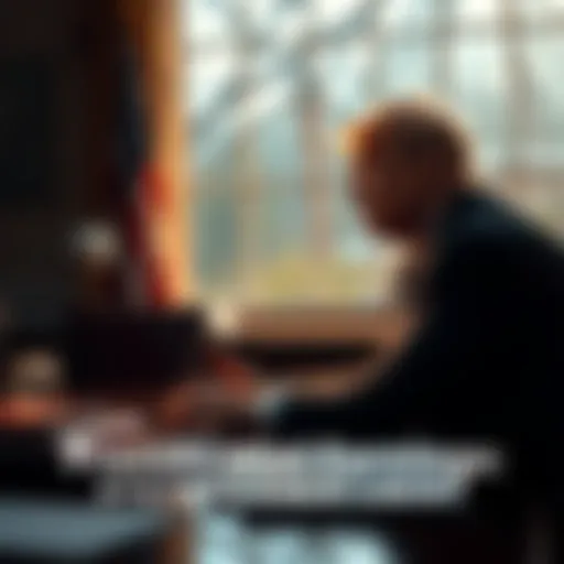 The President is sitting at a desk, contemplating future investments after reaching land acquisition limits.