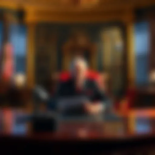 Presidente Buttcoin sitting at a large desk in an ornate office with gold accents, discussing his plans for indefinite rule