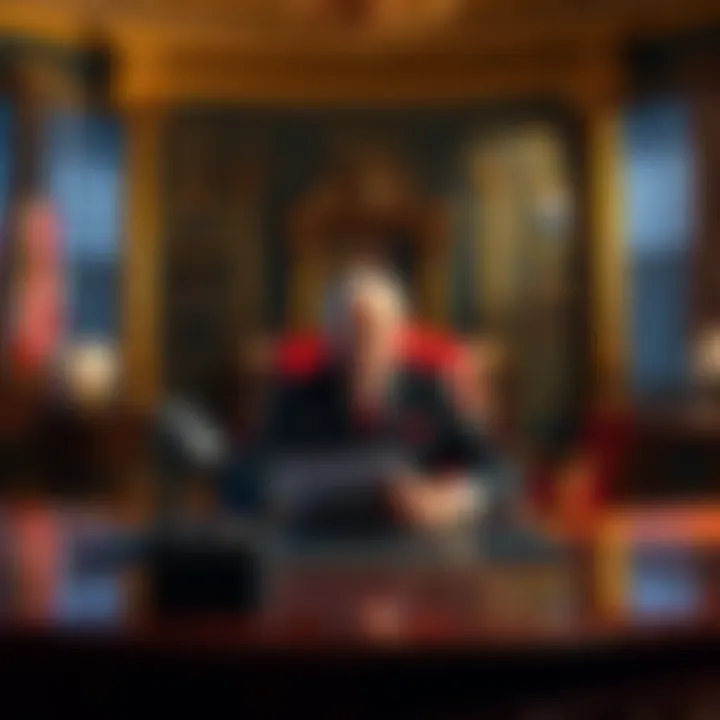 Presidente Buttcoin sitting at a large desk in an ornate office with gold accents, discussing his plans for indefinite rule