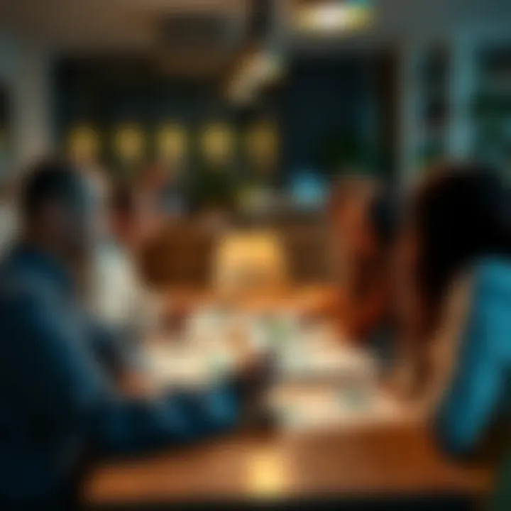 A group of diverse people discussing their priorities in a casual setting, with notes and charts on a table, reflecting personal and professional choices.