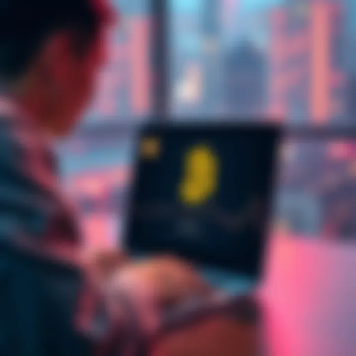 A person using a laptop to conduct a Bitcoin transaction, emphasizing privacy without KYC requirements.