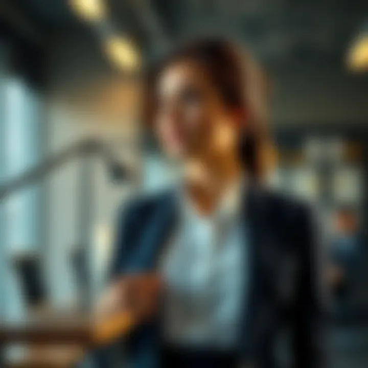 Professional Woman in Office Attire A woman in an office setting looks thoughtful while adjusting her blouse, reflecting on workplace attire issues related to body shape.