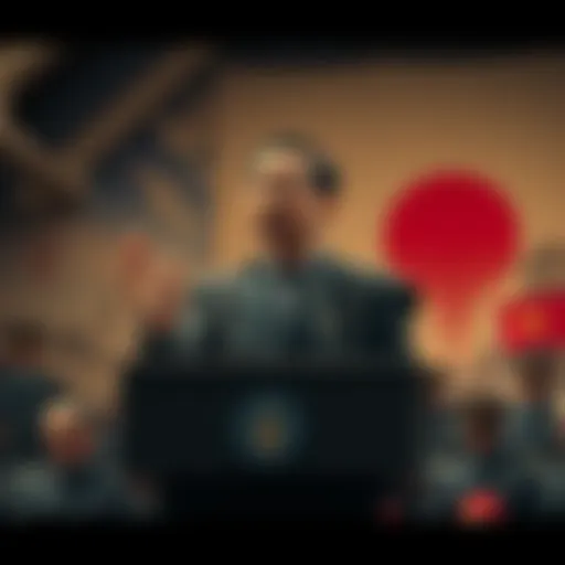 A Japanese university professor speaks at a podium about the atomic bombings of Hiroshima and Nagasaki, with a backdrop of historical images.