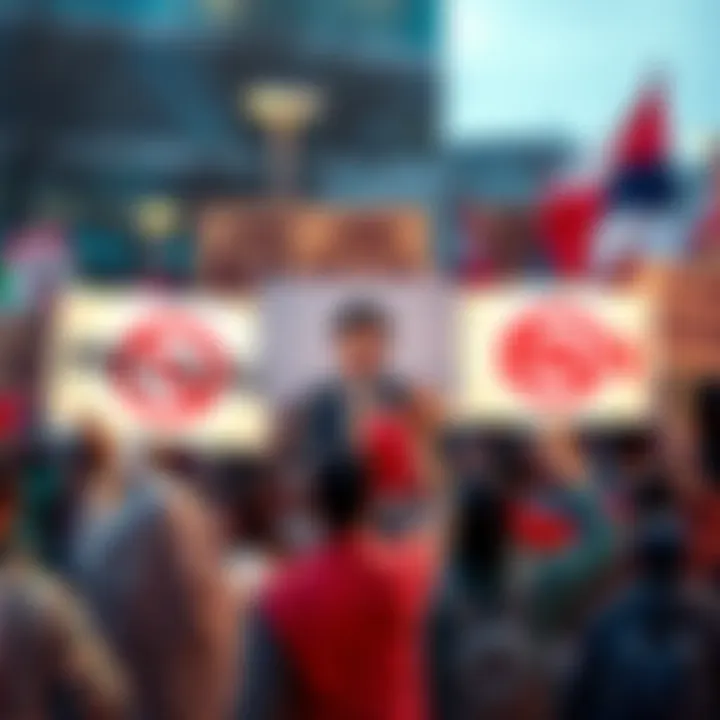 People holding signs asking to ban political profile pictures on forums