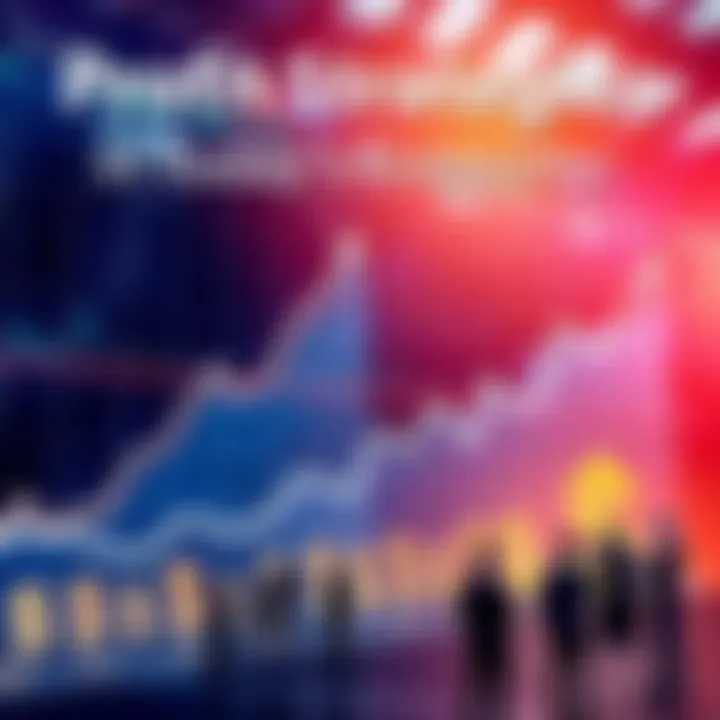 A chart showing upward trends in financial markets with dollar signs and people discussing strategies.