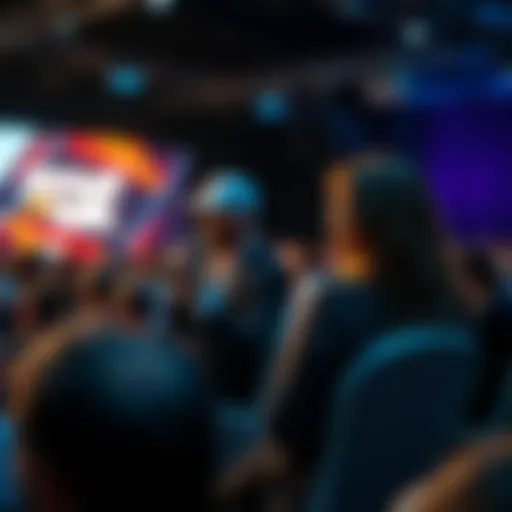 Silvio Micali and Staci Warden speaking at the Proof of Talk event in Paris, showcasing a crowd engaged in discussions.