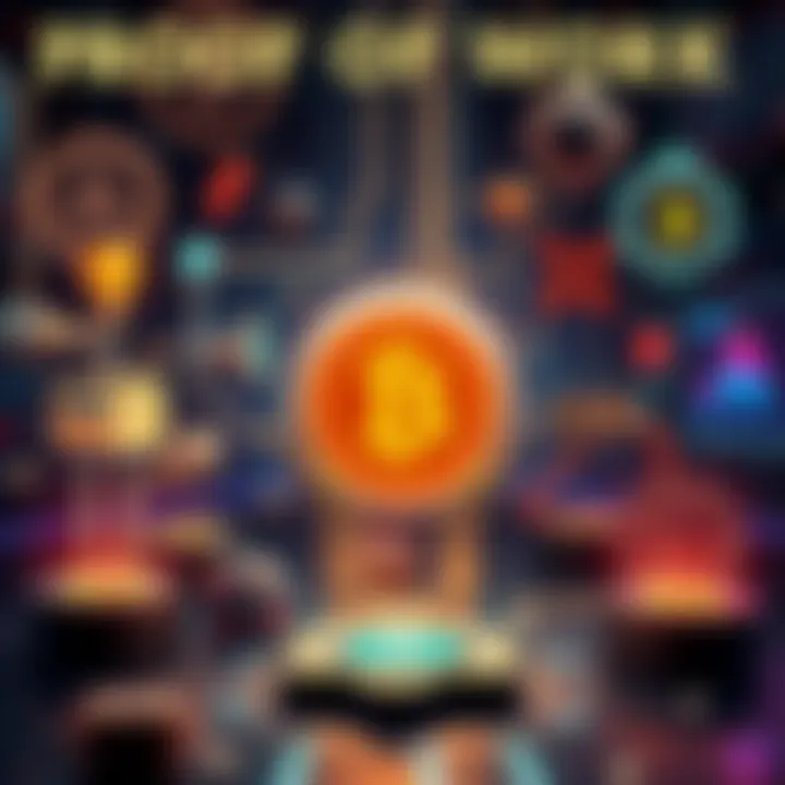 A visual representation of blockchain technology highlighting Proof of Work with symbols of mining and innovative tools