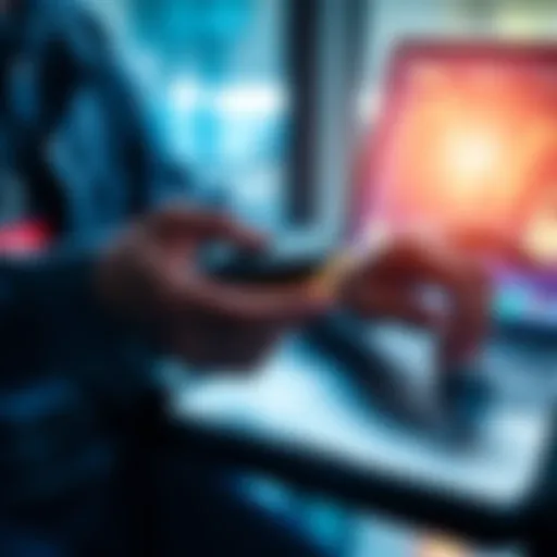 A person holding a hardware wallet while reviewing security strategies for cryptocurrency on a laptop