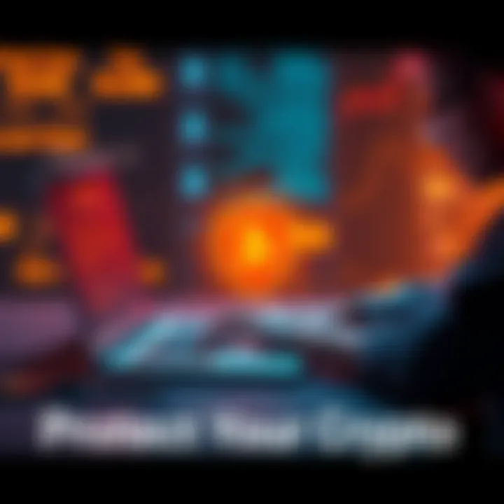 A person securing their cryptocurrency on a laptop while guarding against scams and malware with a shield symbol