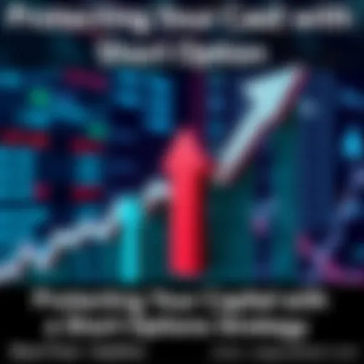 A graph showing the benefits of short options strategy for capital preservation, featuring upward and downward arrows indicating risk management, with financial symbols in the background.