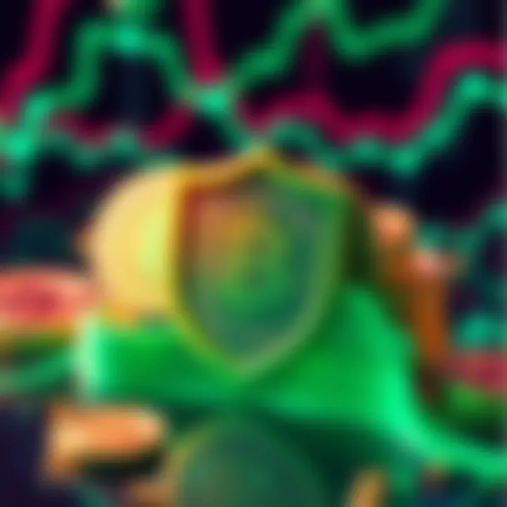 A graphic showing cryptocurrency coins protected by a shield, emphasizing security measures for assets.