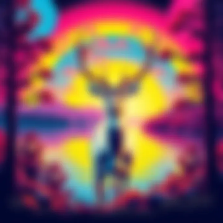 A vibrant psychedelic poster featuring a colorful depiction of a Seneca White Deer set against the backdrop of Seneca Lake.