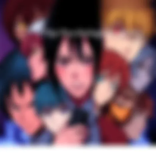 Psychological Anime Characters A collage of characters from popular psychological anime, showcasing intense expressions and vivid colors.