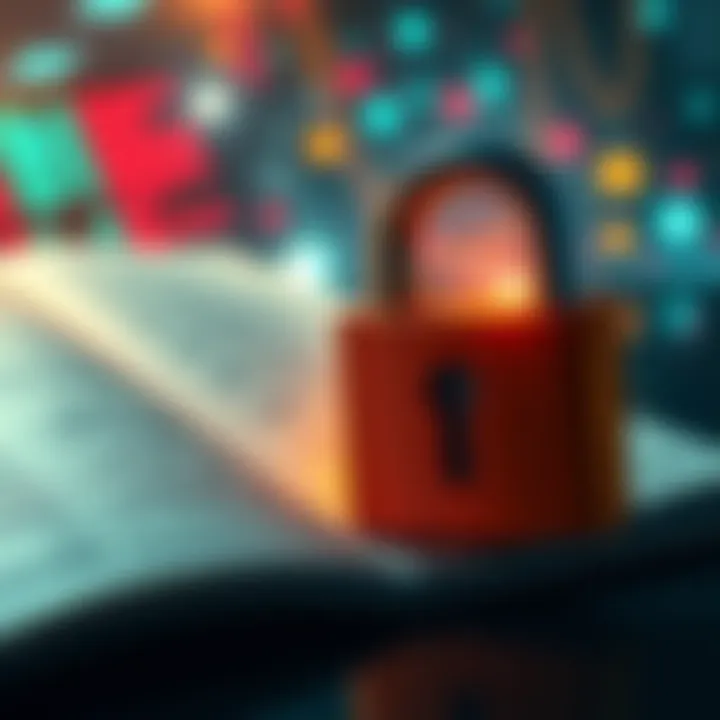 A digital illustration depicting the absurdity of storing passwords on a public ledger, featuring a locked padlock juxtaposed against an open ledger filled with digital codes and symbols.