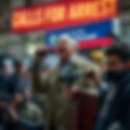 A public figure stands at a microphone, passionately calling for someone's arrest, surrounded by supporters and media cameras, conveying unity and urgency.