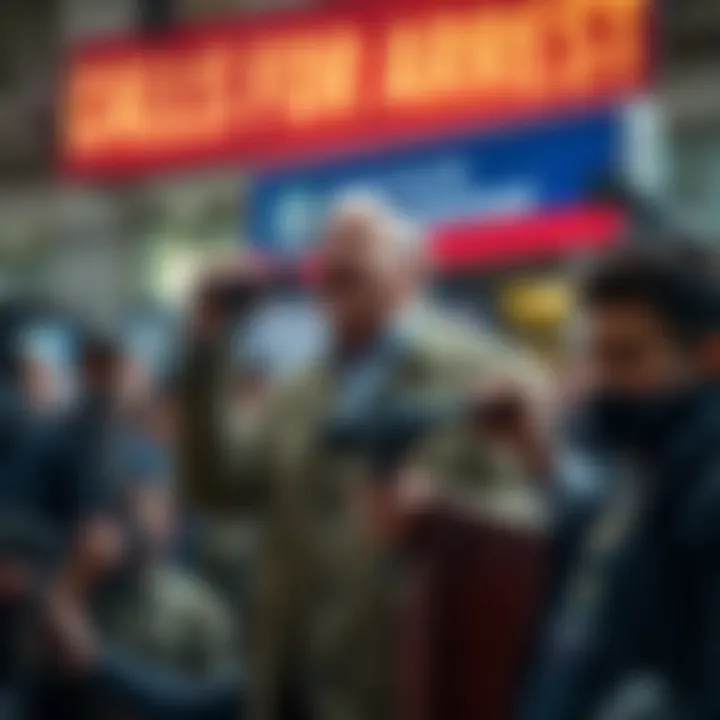 Public Figure Calling for Arrest A public figure stands at a microphone, passionately calling for someone's arrest, surrounded by supporters and media cameras, conveying unity and urgency.