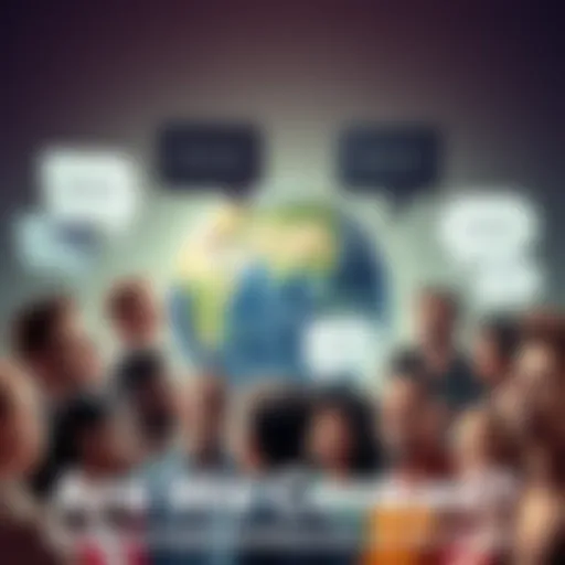 A diverse group of people expressing their thoughts on various societal issues, with speech bubbles illustrating their opinions, against a backdrop of a globe.