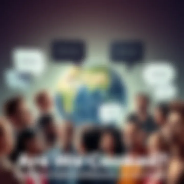 A diverse group of people expressing their thoughts on various societal issues, with speech bubbles illustrating their opinions, against a backdrop of a globe.