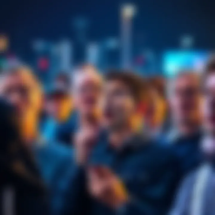 A crowd of people discussing unexpected events in 2025, showing various reactions of surprise and curiosity