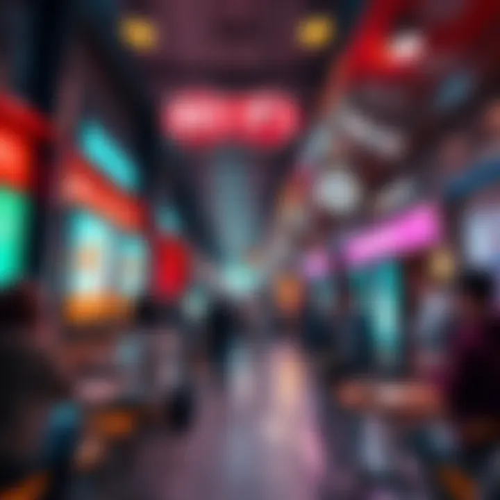 A vibrant public WiFi hotspot area with people using their devices, showing advertisements on screens nearby