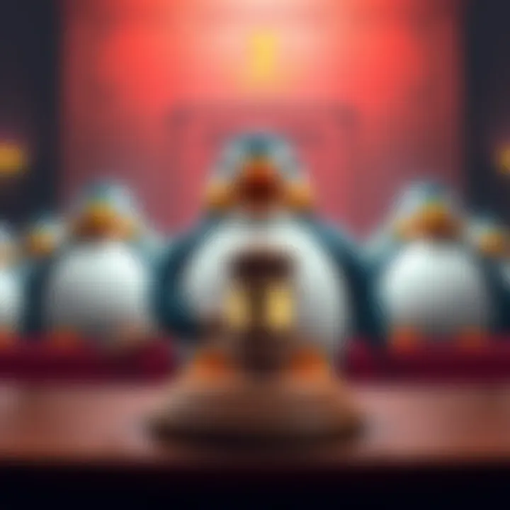 Pudgy Penguins characters in a courtroom setting with a gavel, representing the trademark infringement lawsuit against them.