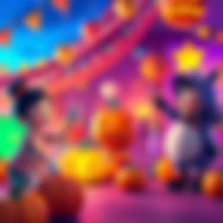 A joyful scene from Lovely World featuring characters celebrating during the Pumpkin Party episode with colorful decorations and festive pumpkins.