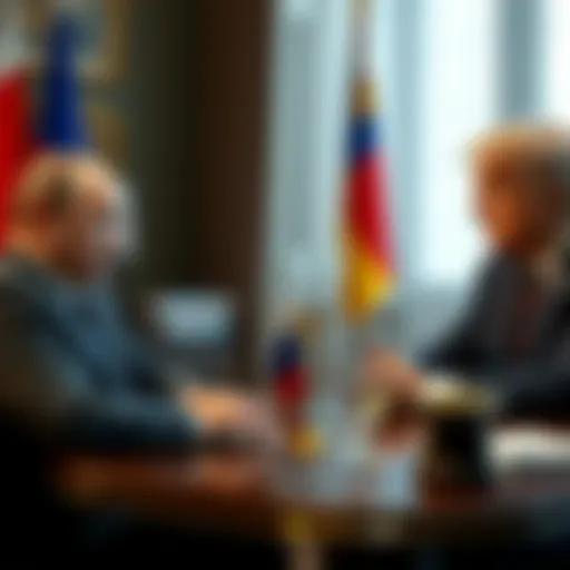 Putin and Trump discussing peace talks Russian President Putin and former President Trump sitting at a table, engaged in discussions about resuming peace talks over Ukraine.