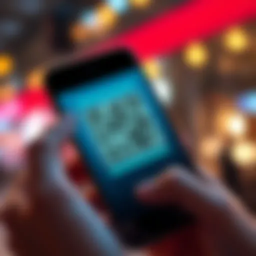 A smartphone displaying a QR code for wallet transactions, with a user's hand holding the device.