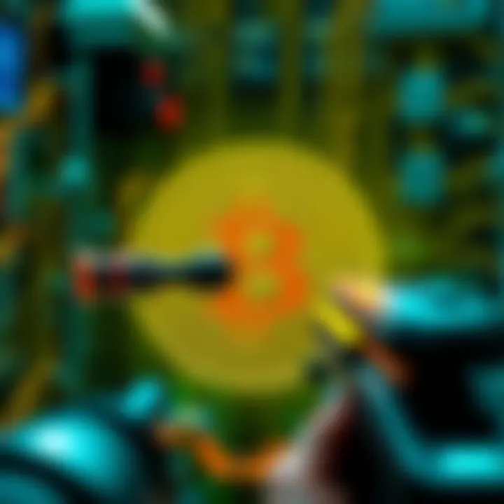 A futuristic quantum computer visually aimed at a large Bitcoin symbol, representing the threat to Satoshi Nakamoto's fortune.