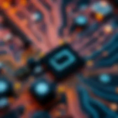 Quantum Computer Circuit A close-up view of a quantum computer circuit board showing intricate connections and components.