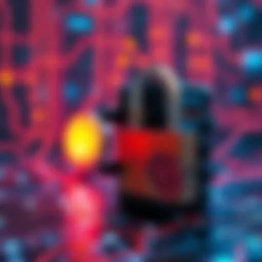 A visual of a quantum computer beside a digital lock, symbolizing the challenge to cryptography.