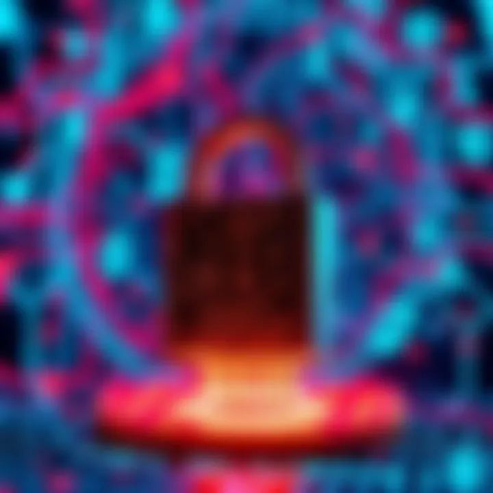 An abstract representation of quantum computing posing a threat to Bitcoin wallets, featuring a digital lock and binary code elements.