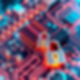 An abstract representation of quantum computing, featuring a glowing circuit board and digital locks symbolizing encryption and blockchain technology.