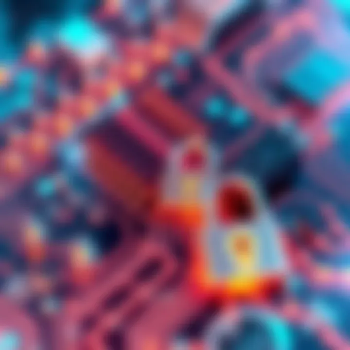 An abstract representation of quantum computing, featuring a glowing circuit board and digital locks symbolizing encryption and blockchain technology.