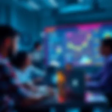 A group of people discussing quantum computing's impact on cryptocurrency with laptops and charts around them