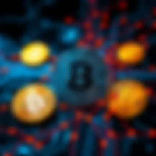 A digital representation of quantum computing intersecting with Bitcoin symbols and old wallet addresses, illustrating potential security risks.