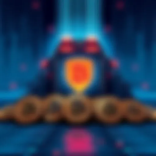 A digital illustration showing a stylized quantum computer looming over Bitcoin symbols, indicating a potential security risk.