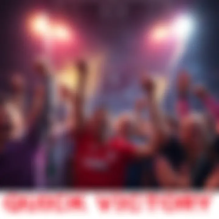 A group of people cheering and celebrating a victory in a sporting event, with excitement in the air.