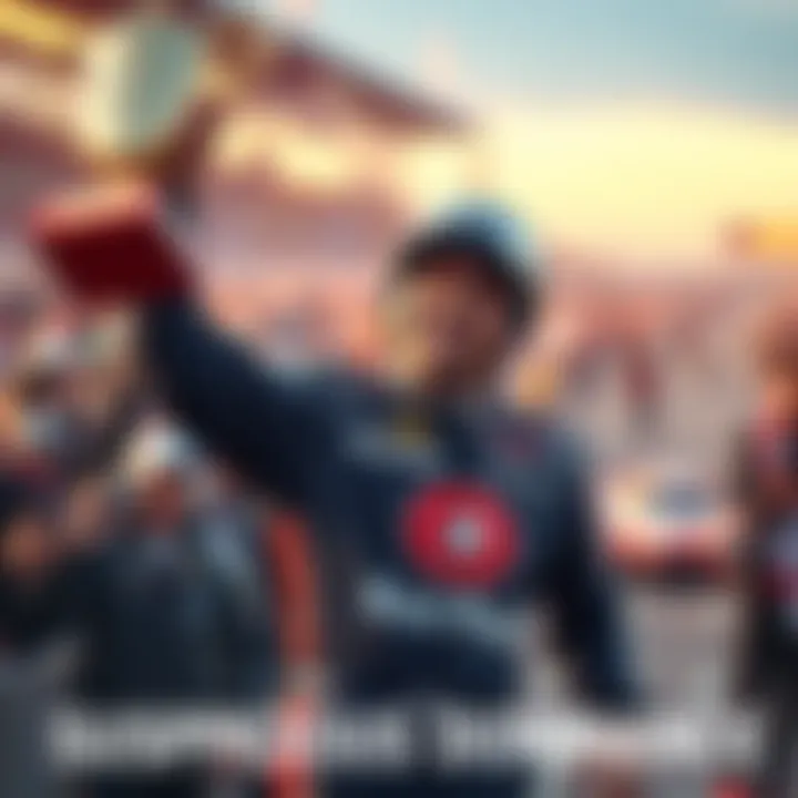 Racer Celebrates Victory A racer with a trophy celebrating in front of a crowd after winning multiple races in a short time, raising questions about fairness in the event.