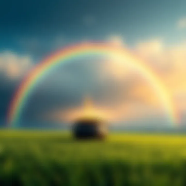 A colorful rainbow arching over a green field with a pot of gold at its end.