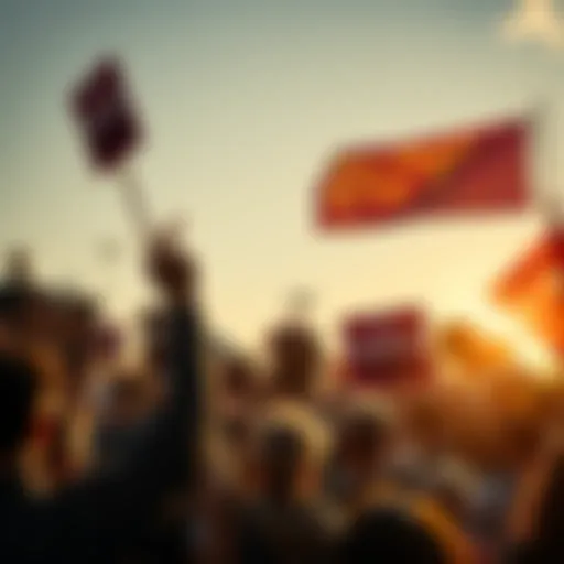 A diverse group of people holding up signs advocating for liberty and justice at a rally, with a banner that reads 'May the People Be Free'.