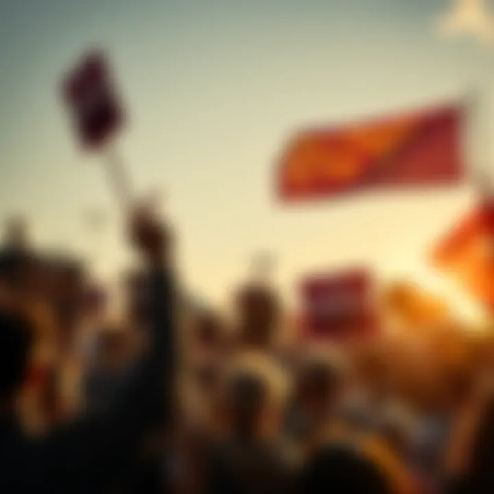 A diverse group of people holding up signs advocating for liberty and justice at a rally, with a banner that reads 'May the People Be Free'.
