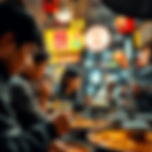 A group of ramen lovers enjoying steaming bowls of noodles at a vibrant food stall