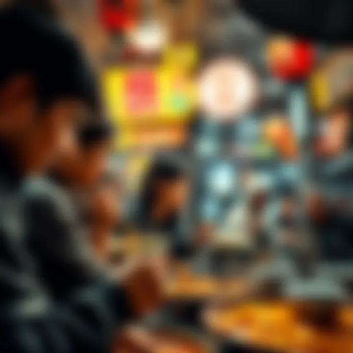 A group of ramen lovers enjoying steaming bowls of noodles at a vibrant food stall