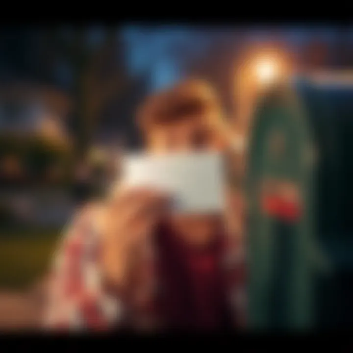 A surprised person holding a card that arrived unexpectedly in their mailbox, looking curious and puzzled.