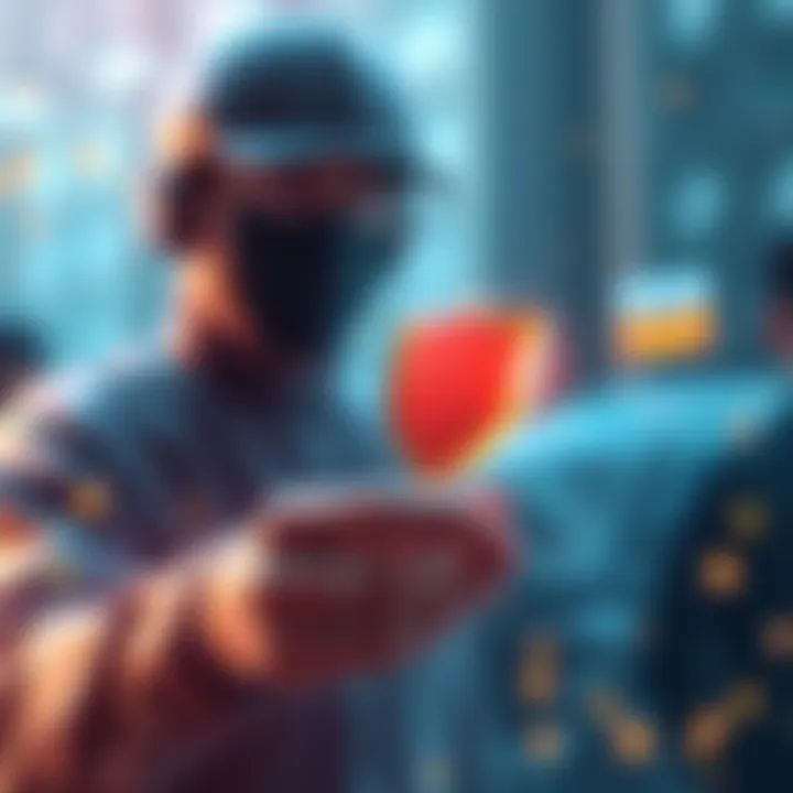 Illustration showing Raptoreum blockchain protecting Amazon sellers from fraud with a shield icon