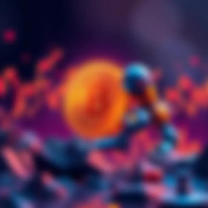Illustration of a crypto coin with rising graphs and a futuristic bot