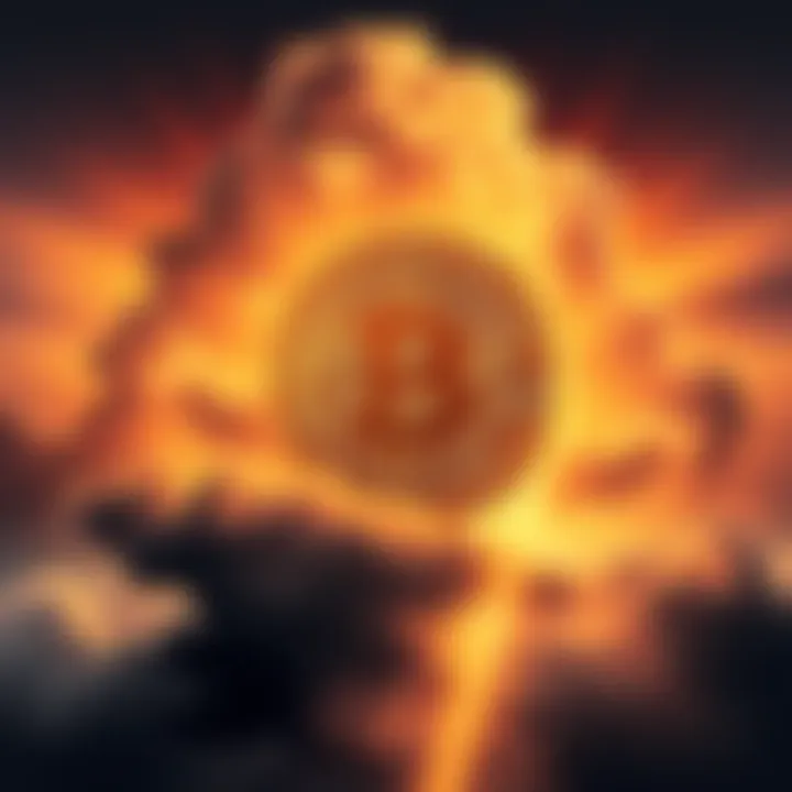 Illustration of a Bitcoin symbol overshadowed by a storm cloud representing financial crisis, with Ray Dalio's silhouette in the background.