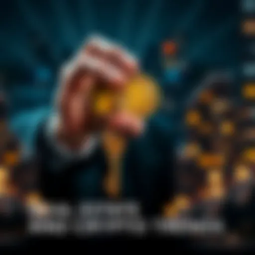 A person holding a house key and a Bitcoin symbol, representing the connection between real estate and cryptocurrency.