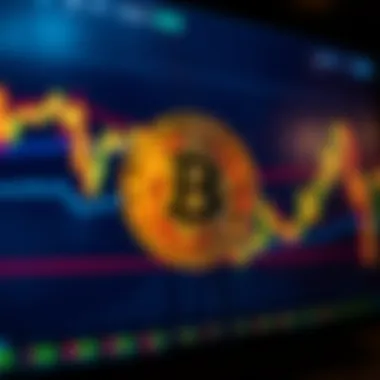 A close-up of a digital screen displaying the Bitcoin logo with financial charts in the background